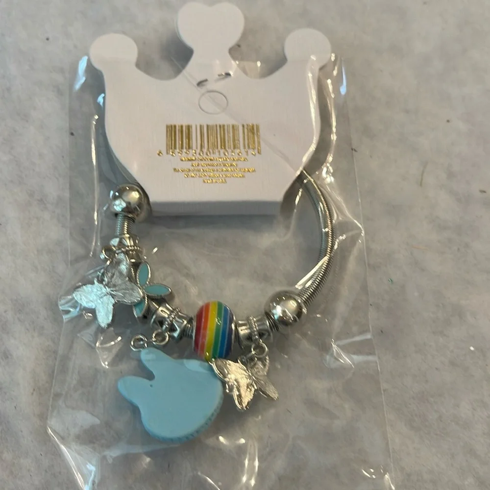 Silver Labubu Monster cartoon Charm Bracelet with blue and Rainbow Accents nwt